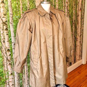 Vintage 80s Metallic Khaki Gold Pleated Raincoat with Strong Shoulder Pad Game